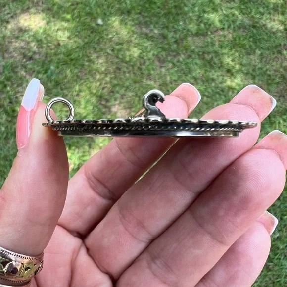 Vintage Sterling Silver Taxco Mexico Turquoise & Lapis Inlay Brooch Pendant - Picture 10 of 17